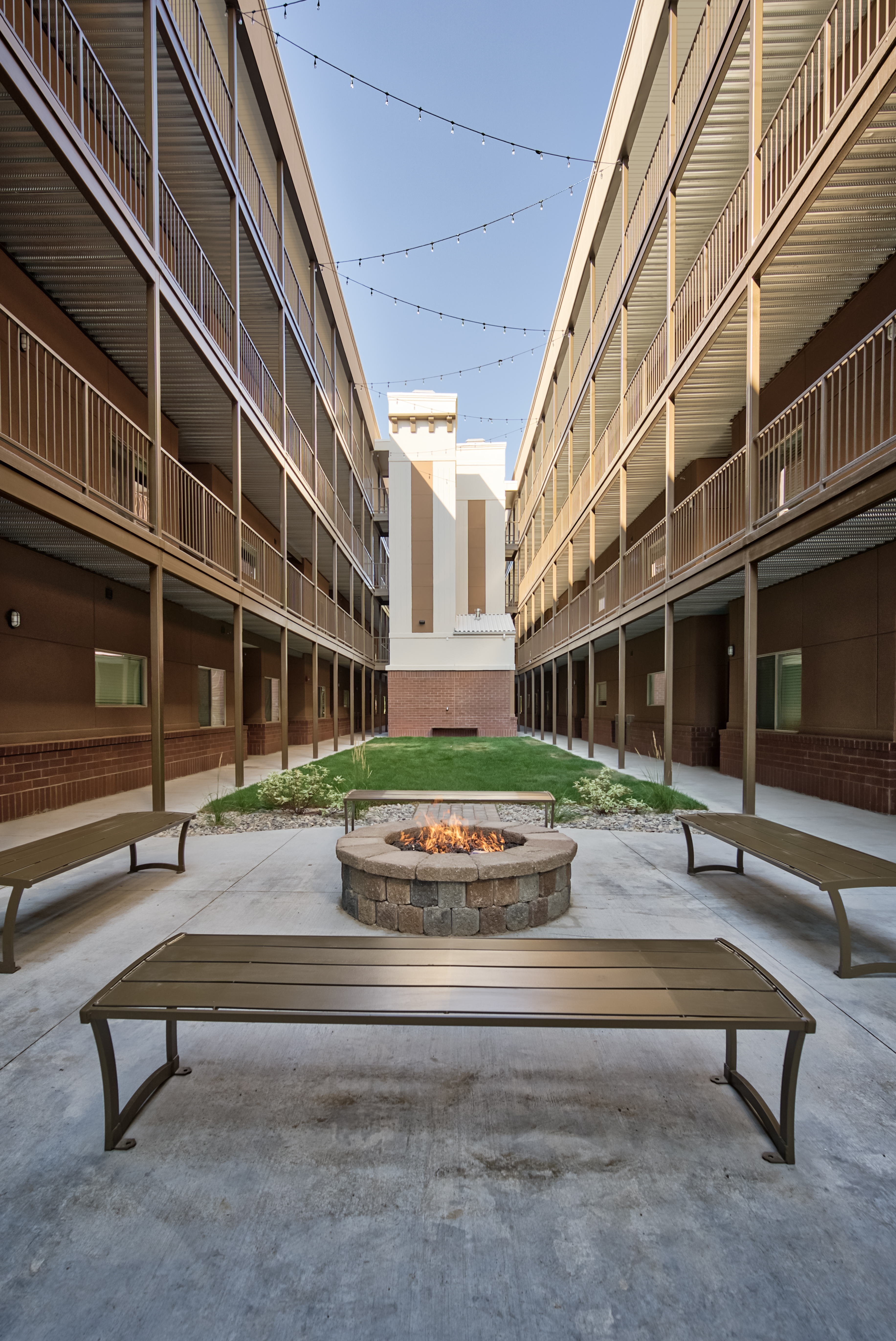 The courtyard is the social hub of The Landing, with two large fire pits and a grill, it is a great space to spend time with friends.